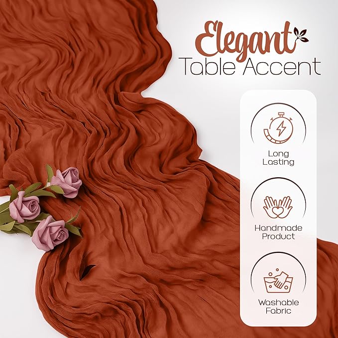 12 Pack Terracotta Cheesecloth Table Runners 10FT Long – 35 x 120 Inch Boho Gauze Table Runners for Engagement, Wedding, Baby Shower & Home Decor – Soft Wrinkled Polyester Fabric