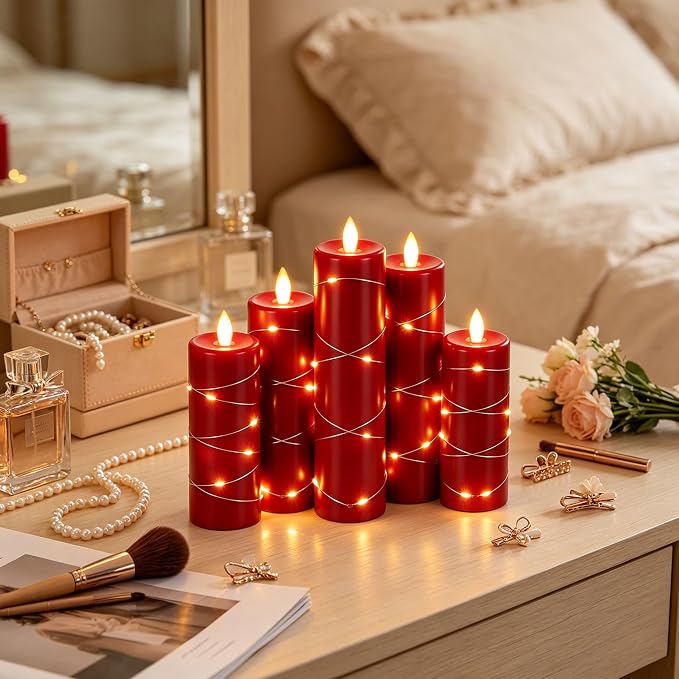 Da by 5 Pack Red Real Wax Flameless Taper Candles, Lifelike Flickering LED Candles with Copper String Lights, Battery Operated Candles with Remote for Holiday Wedding Home Decor