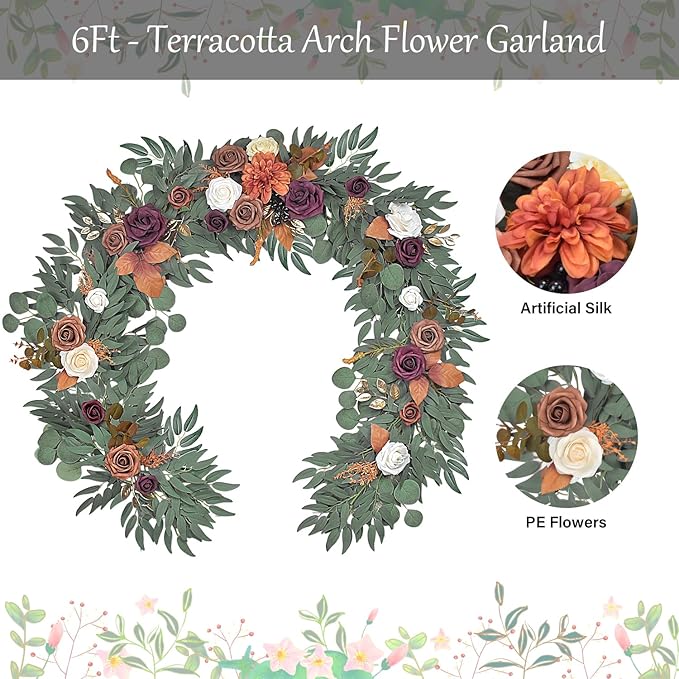 6Ft Burnt Orange Flower Garland, Fall Artificial Eucalyptus Garland with Flowers for Backdrop, Table Centerpiece, Fireplace, Rustic Wedding Arch Flowers, Bridal Shower Party Decor