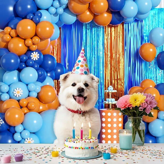 Blue Orange Balloon Arch Garland Kit Birthday Party Decorations, Orange Blue and Light Blue Foil Fringe Curtains Backdrop Tinsel Streamers Banner Photo Booth Props Dog Themed Party Decor Supplies