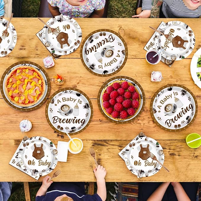 Grencian Coffee Baby Shower Decorations - 96Pcs A Baby Is Brewing Baby Shower Plates and Napkins Gender Reveal Disposable Tableware Set for Boys Girls Coffee Themed Party Decorations Serve 24