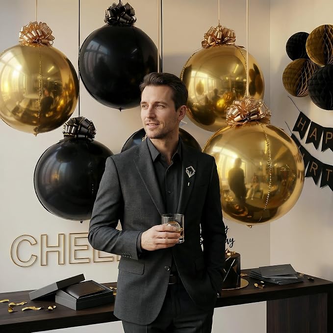 6 Pack Black and Gold Balloons, 22 Inch 4D Metallic Orb Hanging Balloons with 12 Pull Ribbon Bows, Ceiling Party Decorations for Birthday, Graduation 2026, Men’s Birthday and Old Money Party Decor