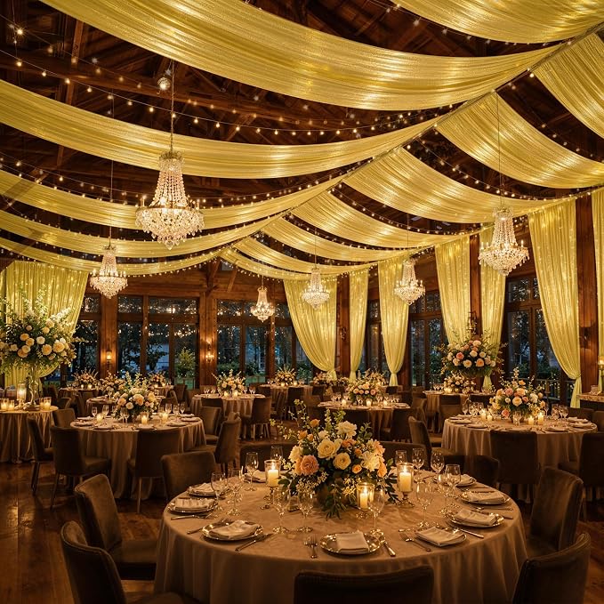2 Panels 5x20ft Gold Ceiling Drapes for Wedding Parties, Wrinkle Free Thick Polyester 20ft Extra Long Wedding Draping Arch Drapery for Birthday Party Canopy Tent Decor