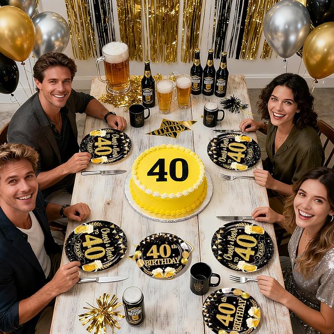 96Pcs 40th Birthday Party Supplies Black Gold Plates and Napkins Tableware Sets Cheers and Beers to 40 Years Decorations Favors for Men Women 40 Years Old Birthday Graduation Holiday Party Serves 24