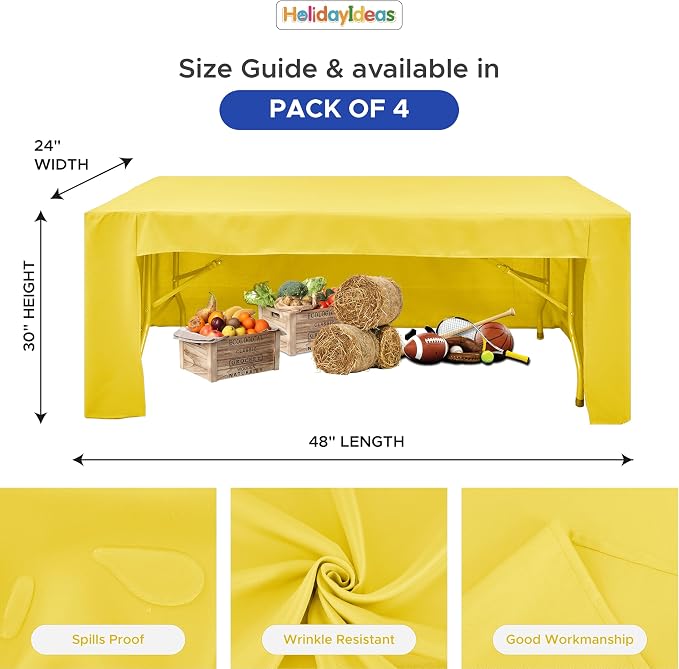 HolidayIdeas 4-Pack 4ft Open Back Fitted Tablecloths for Craft Shows Yellow | 3-Sided coverage wrinkle resistant tablecloths for vendor booths,banquet events,outdoor pop-up shop