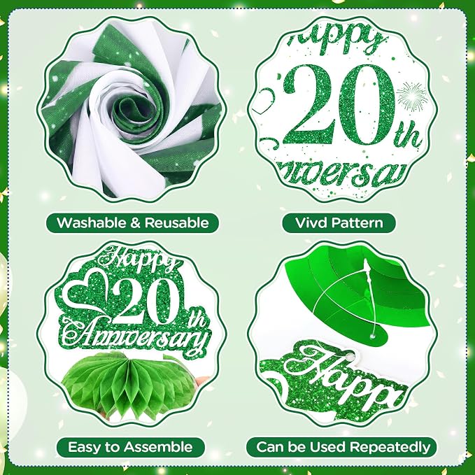 Green 20th Wedding Anniversary Decorations Kit Happy 20th Anniversary Banner Backdrop Table Honeycomb Centerpiece Hanging Swirls Poms Decor for Men Women 20 Years Wedding Anniversaries Party Supplies
