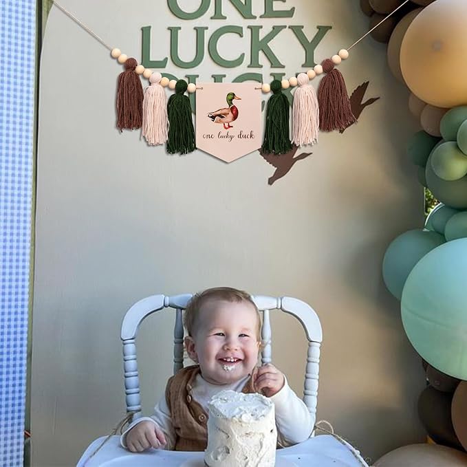 Gostman One Luck Duck High Chair Banner | Mallard Duck Hunting First Birthday Party Supplies,Mallard Duck Sign First Birthday Highchair Banner