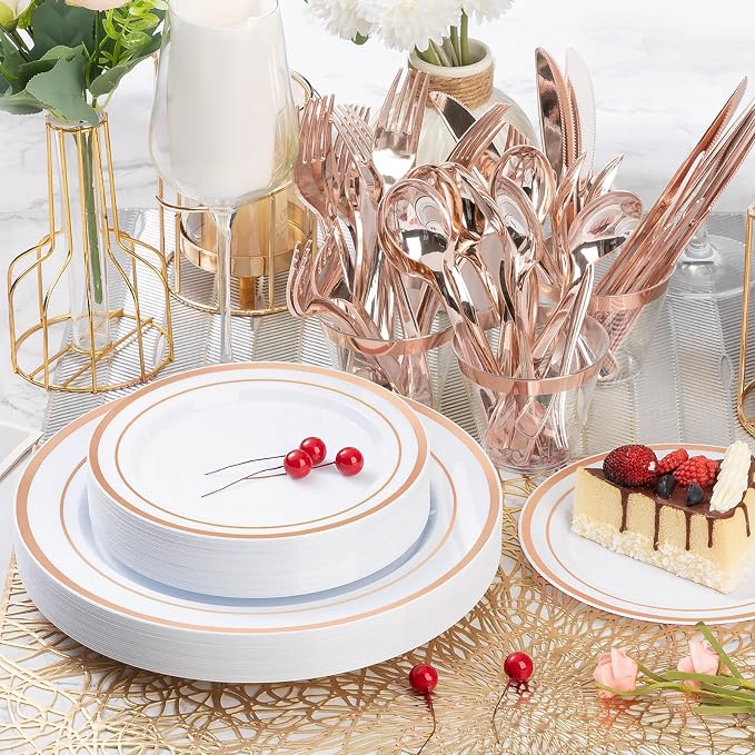 BESTVIP 600PCS Rose Gold Plastic Plate Set (100 Guests), Plastic Plates for Party Wedding Birthday, Disposable Dinnerware Set of 200 Plates, 200 Forks, 100 Spoons, 100 Knives for Christmas