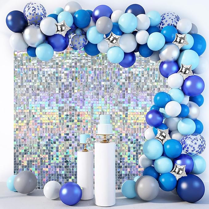Iridescent Silver Shimmer Wall Backdrop,Shiny Sequins,48Pcs Sequins Backdrop Panels,Glitter Bling Photo Background for Birthday Party Wedding Engagement Anniversary Graduation (Each 1FT², Total 48FT²)