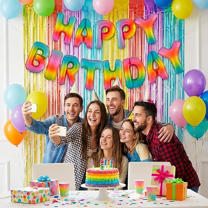 Rainbow Happy Birthday Banner Foil Letter Balloon, 14 Inch 3D Colorful Patterned Reusable Mylar Foil Letters, Birthday Decorations (Birthday Banner 4)