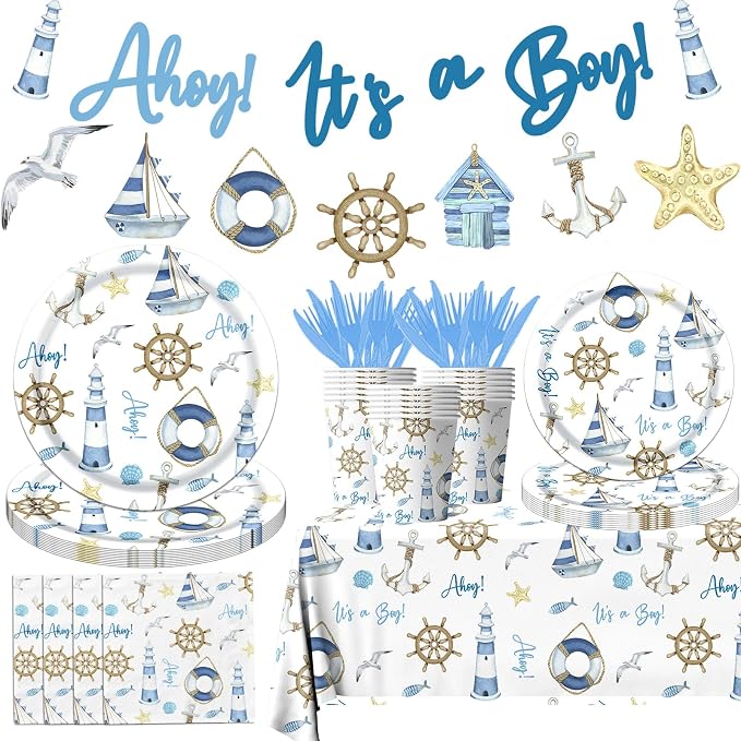 Ahoy Nautical Baby Shower Decorations Tableware - 142pcs Its A Boy Plates and Napkins Supplies, Party Dinnerware Tablecloth for Sailor Theme Decorations
