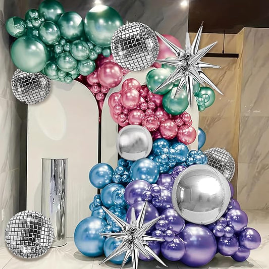 145PCS Metallic Balloon Garland Arch Kit with Chrome Blue Red Purple Silver and Disco Ball Balloons for 70s 80s 90s Disco Theme Party Decorations Birthday Graduation 2026 New Year Eve Party Decor