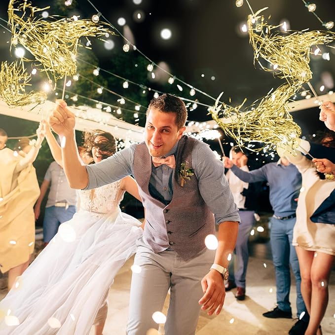 Simgoing 100 Pcs Lighted Wedding Wands LED Tinsel Wands Light up Streamers Sparklers for Wedding Send Off and Exits Birthday Party Props Favors(Gold)