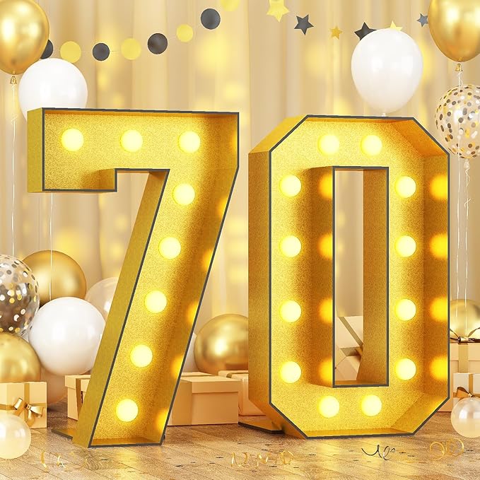 Light Up Numbers 70, 4FT Light Up Numbers Number 70 Marquee Gold Large Light Up Numbers Mosaic Numbers for 70th Birthday, Giant Light Up Numbers Pre-Cut Foam Board Kit for Graduation Anniversary Party