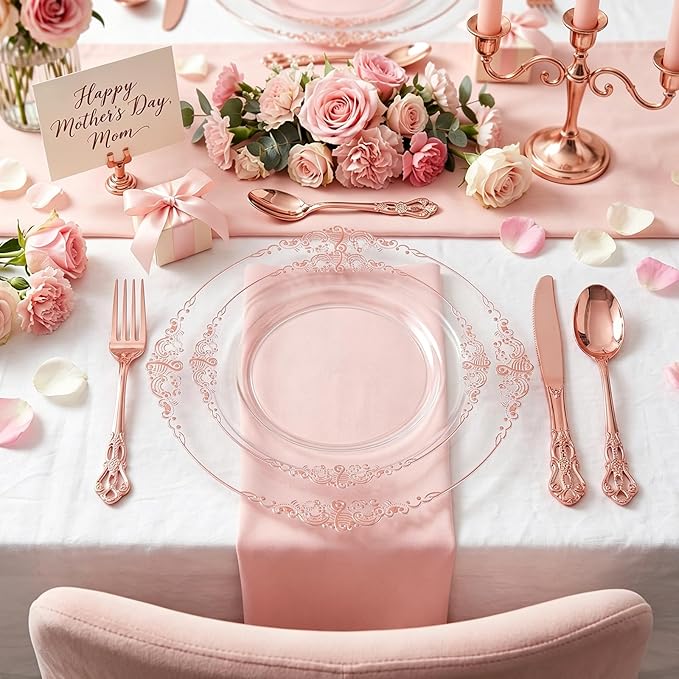 102PCS Rose Gold Plastic Plates - Clear Rose Gold Plate - Heavy Duty Disposable Plates - Fancy Disposable Dinner & Dessert Plate for 51 Guests for Party & Wedding & Mother's Day