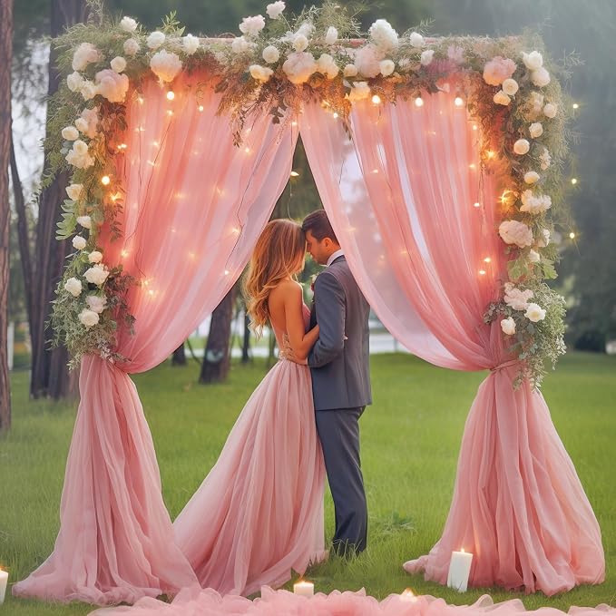 10x10ft Dusty Rose Tulle Backdrop Curtain with Lights String for Parites, Sheer Photo Backdrop Drapes with Lights for Wedding Backdrop Ceremony Reception Bridal Shower Baby Shower Birthday Party