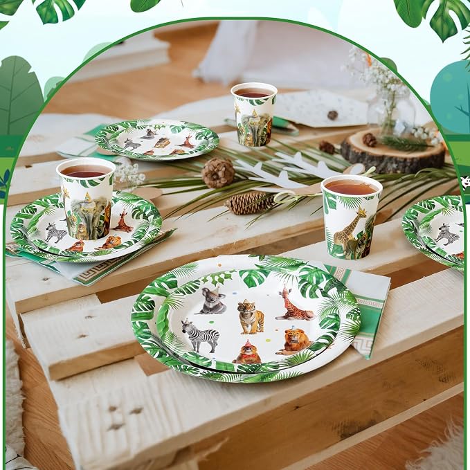 Funnymoom 400 Pcs Safari Happy Birthday Party Supplies for 50 Guests Jungle Animals Paper Plates and Napkins Knives Spoon Fork Cup Wild Animals Lion Tiger Dinner Sets for Zoo Birthday Party