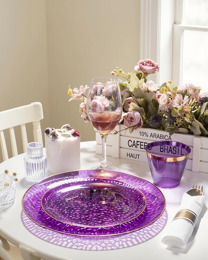 Hioasis 60pcs Purple Plastic Plates - Gold Rimmed Disposable, Hammered, Heavy-duty Dinnerware Set Suitable for 30 Guests, 10.25" Dinner & 7.5" Dessert Plates for Party & Wedding