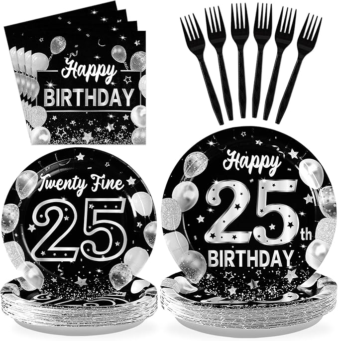 Grencian 96Pcs 25th Birthday Decorations Black Silver 25th Birthday Party Plates Disposable Paper Tableware Set for Women Men Happy 25 Year Old Graduation Decorations 2026 Supplies Serves 24