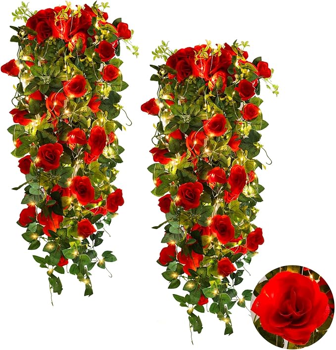 RECUTMS Artificial Red Roses Hanging Flowers Plants, 2 pcs 3.3 Ft Fake Silk Floral Ivy Garlands with 30 Fairy String Lights Greenery for Home Room Garden Wedding Arch Indoor Outdoor Wall Party Decor