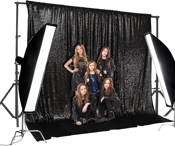 PartyDelight Black Sequin Backdrop 20x10ft 4 Inch Rod Pocket | 3mm stitched black sequins on mesh backing with 4 inch rod pocket for extra wide stages banquet walls group photos and large