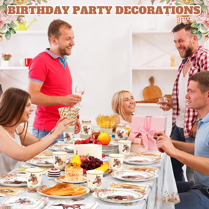 Potchen 452 Pcs Party Supplies Serve 50 Guests, Paper Plates Napkins Cups Cutlery Plastic Tablecloth Dinnerware for Birthday Wedding Party Decoration (Pink Floral, Horse)