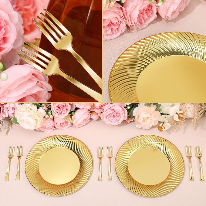 Tioncy 200 Pcs Gold Plastic Dessert Plates with Mini Forks Set for 100 Guests Includes 100 Pcs 7'' Disposable Cake Plates 100 Pcs 3.94'' Gold Plastic Forks for Wedding Birthday Party Dessert Table