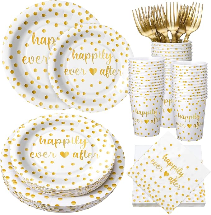 MotiMind 120 Pcs Happily Ever After Tableware Set Wedding Reception Party Table Decorations White and Gold Dot Paper Plates Cups Napkins Forks for 24 Guests Wedding Bridal Shower Engagement Party