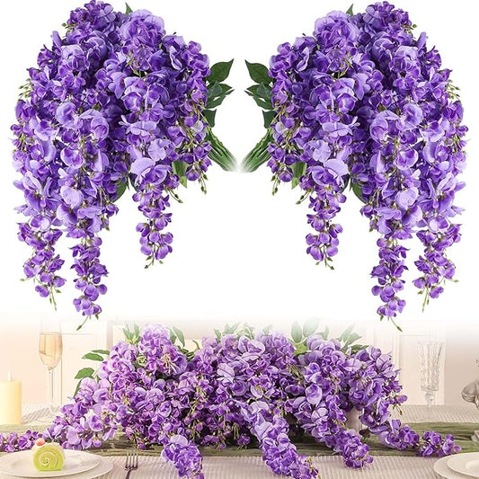 Wisteria Hanging Flowers, Spring Fake Flower for Vase, 4Pcs Silk Wisteria UV & Fading Resistant Faux Plants for Wedding Arch Backdrop Patio Garden Decoration Centerpiece Table (Purple)