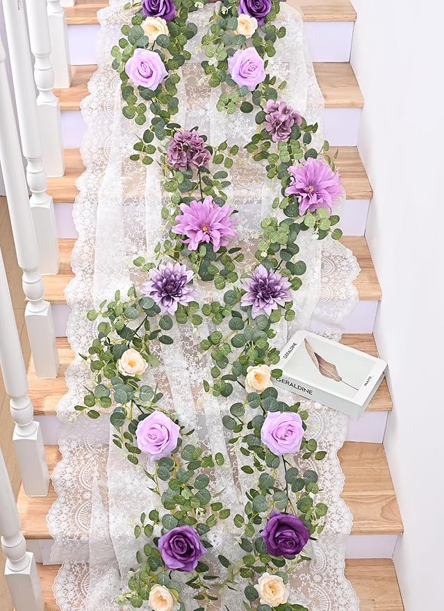 Waipfaru 2 Pcs Flower Garland, 6Ft Eucalyptus Garland with Flowers, Rose Floral Vines for Wedding Reception Table Mantle Room Spring Summer Decor (Purple)