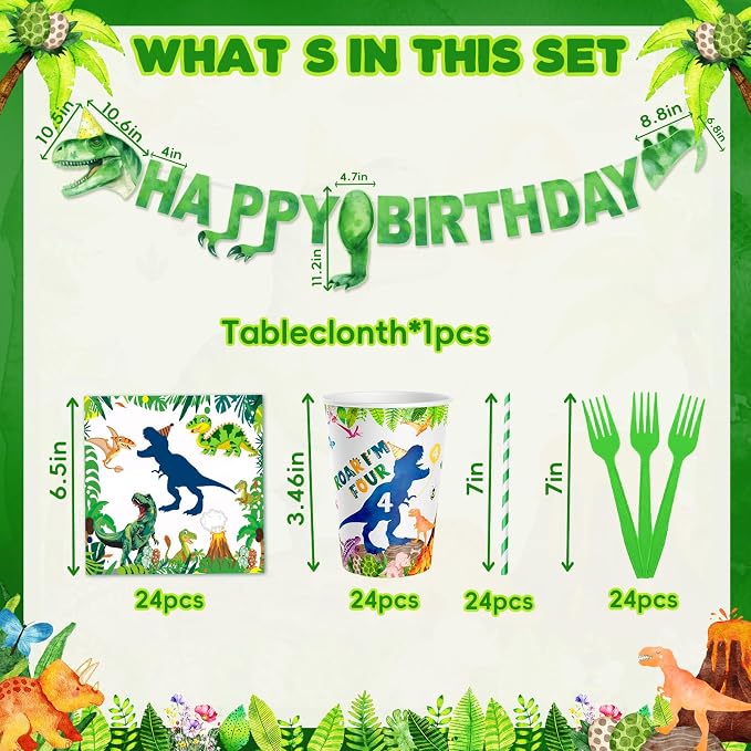 148ps Roar I’m Four Dinosaur 4th Birthday Decorations Boy Dinosaur 4th Bday Tableware Jungle T-rex 4 Rex Dino Plates Napkins Cups Banner Tablecloth Dino Party Supplies Decor Serve 24