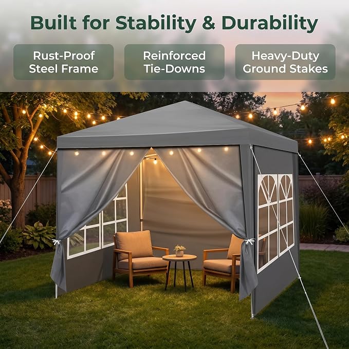 6.5x6.5FT Canopy Tent, Portable Heavy Duty Outdoor Tent with 4 Removable Sidewalls, Waterproof Party, Camping, Picnic & Backyard Shelter, Gray