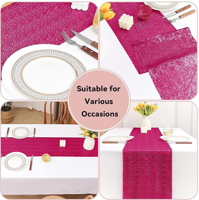 Sugargirl 10 Packs 12 x 72 inches Sequin Table Runner, Glitter Hot Pink Table Runner for Birthday Party Supplies Wedding Holiday Celebration Event Decorations
