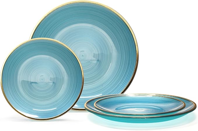 OCCASIONS 50 Plates (25 Guests) Disposable Plastic Plates, Heavy Duty Fancy China-Like Look Dinnerware Set for Wedding Party - 25x10'' Dinner+ 25x7'' Salad & Dessert - BPA Free, Belize in Blue & Gold