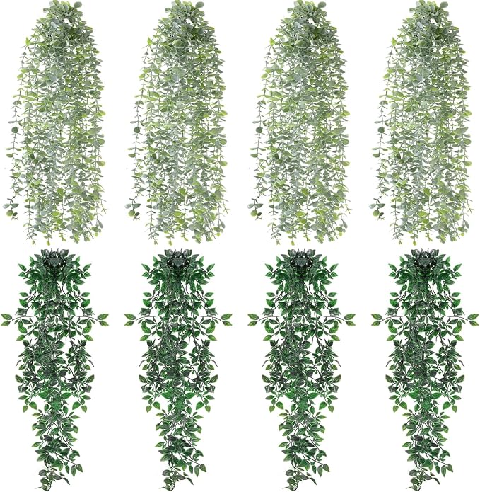 Daifunli 8 Pcs Artificial Hanging Plants Fake Hanging Ferns Plastic Faux Plants for Wall Room Garden Garland Indoor Outdoor Decor No Basket (Eucalyptus,Mandala Vine)