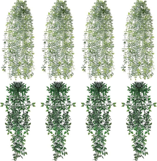 Daifunli 8 Pcs Artificial Hanging Plants Fake Hanging Ferns Plastic Faux Plants for Wall Room Garden Garland Indoor Outdoor Decor No Basket (Eucalyptus,Mandala Vine)