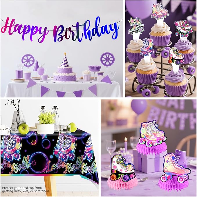 228pcs Roller Skating Party Supplies Tableware Set-Service 25, All-in-one Roller Skate Party Decorations Include 350gsm Plates Banner Napkins Cups Tablecloth Centerpiece Balloons