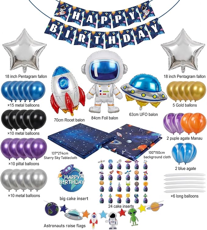 PTORZINY Outer Space Party Decorations, Astronaut Birthday Decorations, Space Decoration, Birthday Party Supplies Includes Space Balloons, Backdrop, Banner, Tablecloth, Cupcake Toppers