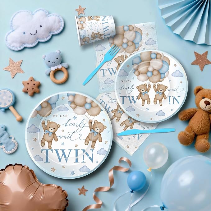 Twin Baby Shower Decorations Tableware, Teddy Bear Theme We Can Bearly Wait Party Supplies, Disposable Paper Dinner Plate, Dessert Plate, Cup, Napkin, Cutlery, Serves 24, Blue and Tan