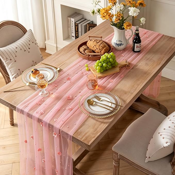BINBE 4pcs Flower Pearl Table Runner Spring Summer Rustic Boho 10ft Tulle Table Runner for Baby Shower Wedding Veil Holiday Dessert Table Decor Pink
