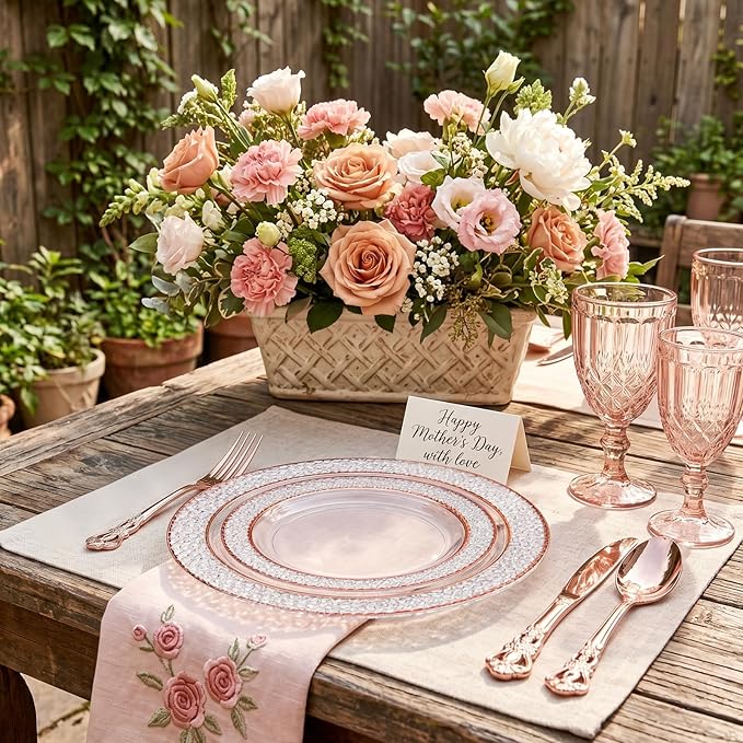 102PCS Rose Gold Plastic Plates - Clear Rose Gold Disposable Plates - Elegant Hammered Plate Include 51PCS 7.5inch Dessert & 51PCS 10.25inch Dinner Plate for Wedding Party Mother’s Day
