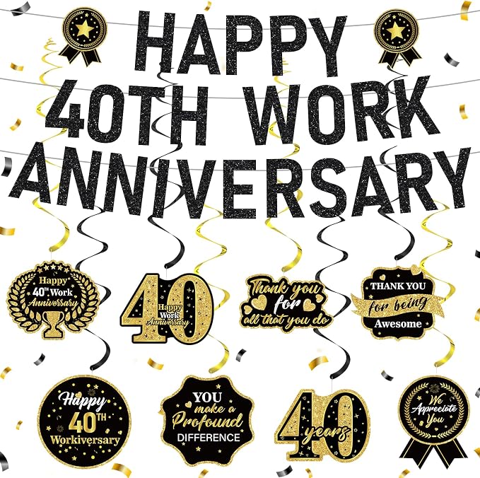 11pcs 40 Year Work Anniversary Decorations Black Gold Happy 40th Work Anniversary Banner Hanging Swirls Employee Appreciation Decorations Supplies 40 Year Workiversary Gifts for Employee Worker