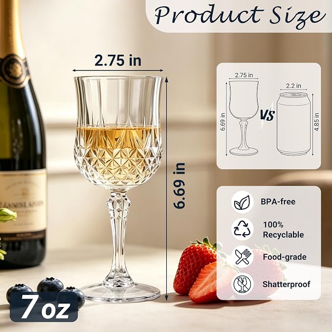 Plastic Wine Glasses, Plastic Goblets Vintage Style Cordial Unbreakable Drinking Glasses, Reusable Drinkware for Wedding Reception, Grand Event Party Supplies (12, Transparent)