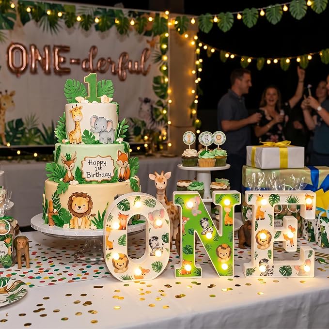 Tujoe Wild One Birthday Decorations Jungle Safari 8.5 Inch LED Light Up Letters for 1st Birthday Boy or Girl Animals First Table Centerpiece Backdrop Decor 1 Year Old Party Supplies