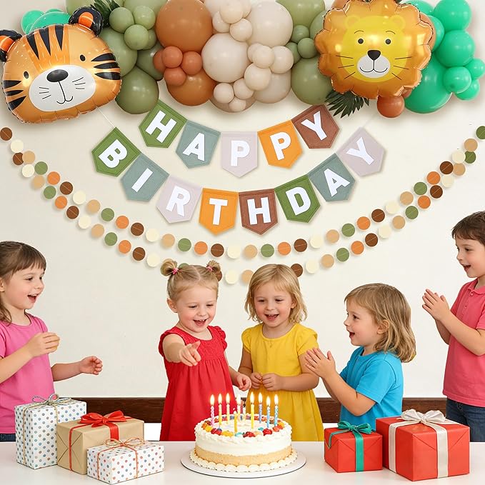 Safari Balloon Arch Kit Happy Birthday Banner Felt Brown Green Wild Animal Zoo Theme Sage Green Brown Jungle for Baby Boys Party Decorations