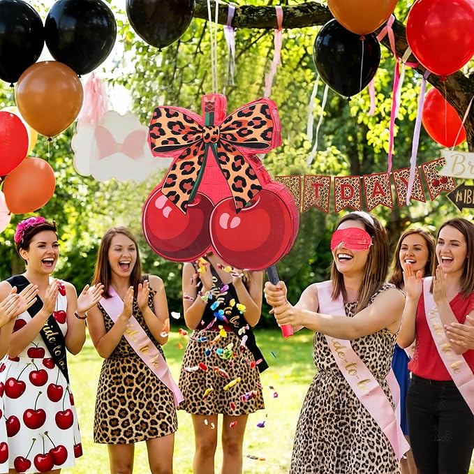 VioraWhite Cherry Leopard Print Piñata Set Cherry Cheetah Piñata Game with Blindfold Hitting Stick Cheetah Print Red Black Party Theme Decoration for Bachelorette Jungle Animals Women Party Supplies
