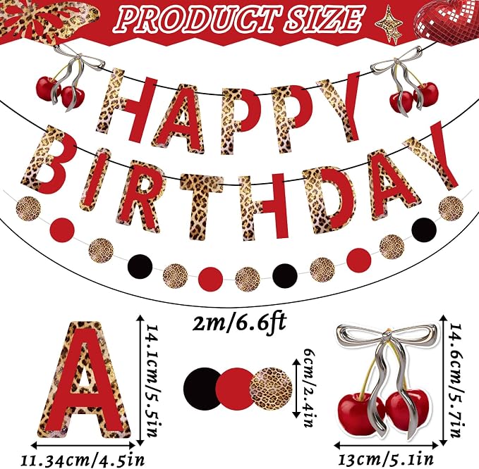 SUNBEAUTY Cheetah Birthday Party Decorations Cherry Cheetah Print Banner Leopard Hanging Swirls with Red and Black Cheetah Party Garland Foil Swirls Ceiling Safari Animal Birthday Party Decorations for Women Girls