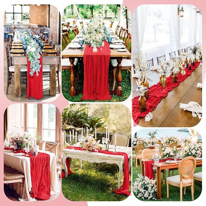 24 Pack Red Cheesecloth Table Runner, 10FT Cheesecloth Rustic Boho Table Runner Long Romantic Semi Sheer Table Runner for Wedding Baby Shower Birthday Bridal Party Decorations(21.5×120 Inch)