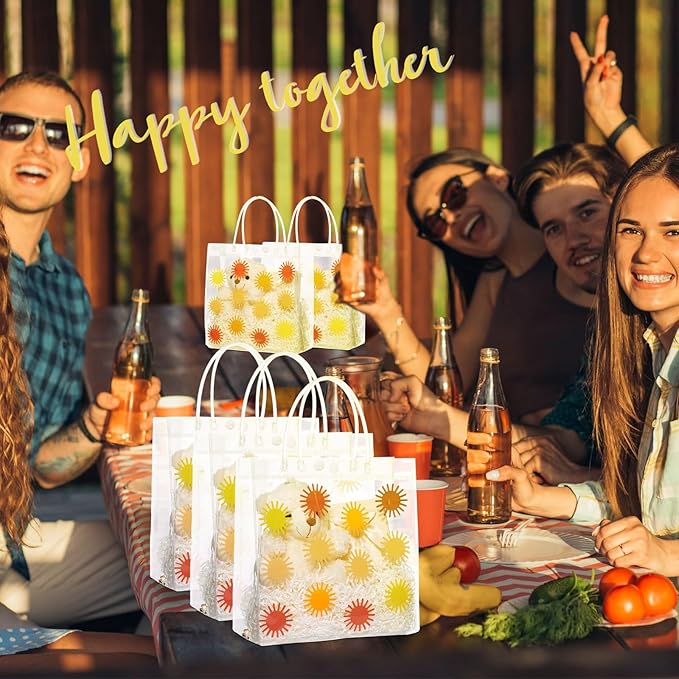 Kacctyen 24 Pcs Boho Sun Pattern Gift Bags for Party Favor Clear Boho Sun Goodie Bags with Handle 7.87 x 7.87 x 3.15 Return Gift Wrap Totes for Guests Treat Candy Wrapping