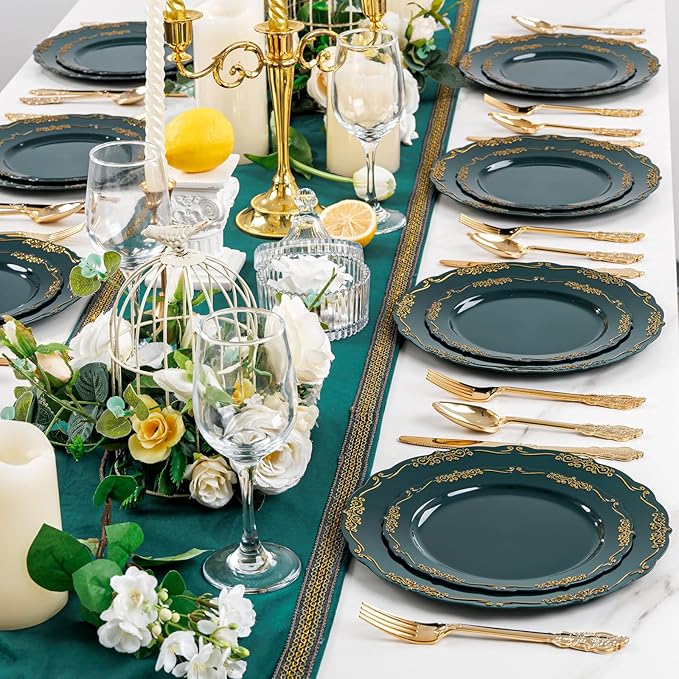 DaYammi 150Pcs Green Plastic Plates with Gold Silverware,Green Disposable Plates for Party include 30 Dinner Plate,30 Dessert Plate,90 Gold Plastic Cutlery,green gold plate for Party Dinner